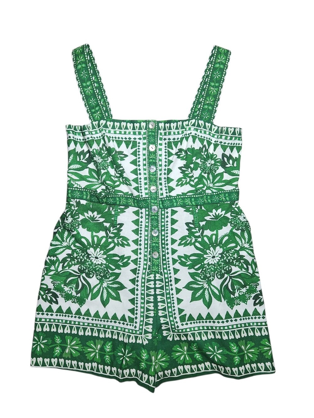 Farm Rio Macaw Elegance NO BELT Palm Print Romper Size Large Linen Viscose Green